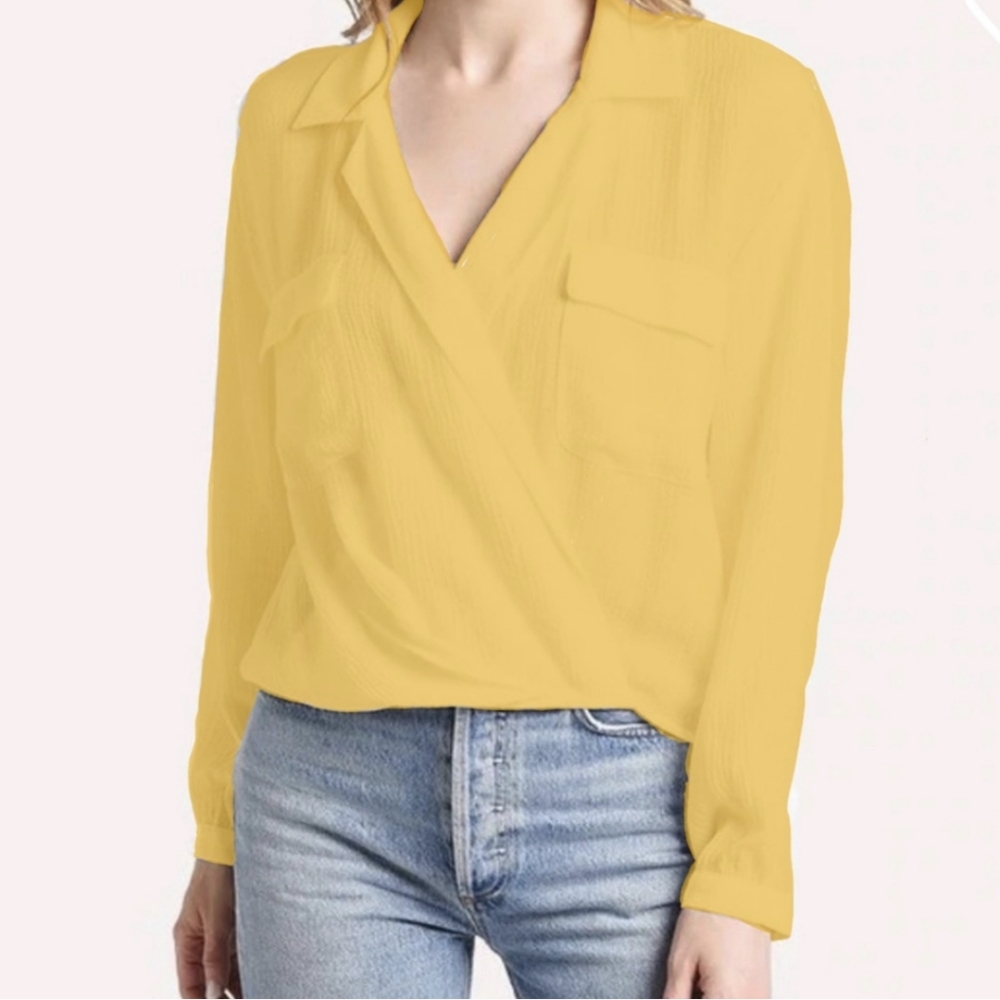 BROCHU WALKER Finn Collared Crossover Long Sleeve Yellow Golden Blouse XSmall